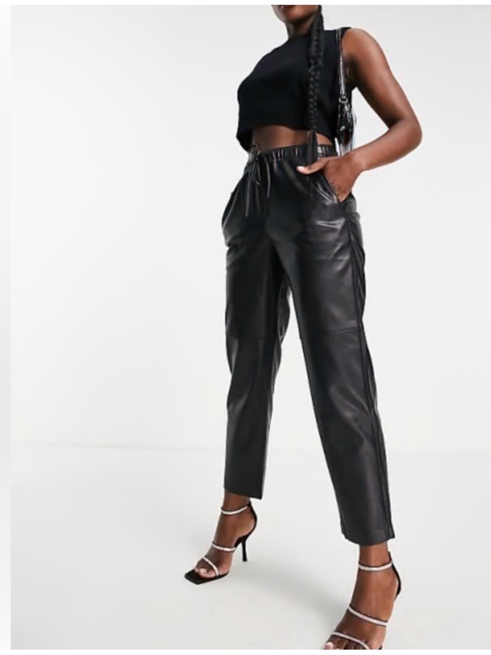 Mango Black Faux Leather Cropped High-Waist Jogger Pants